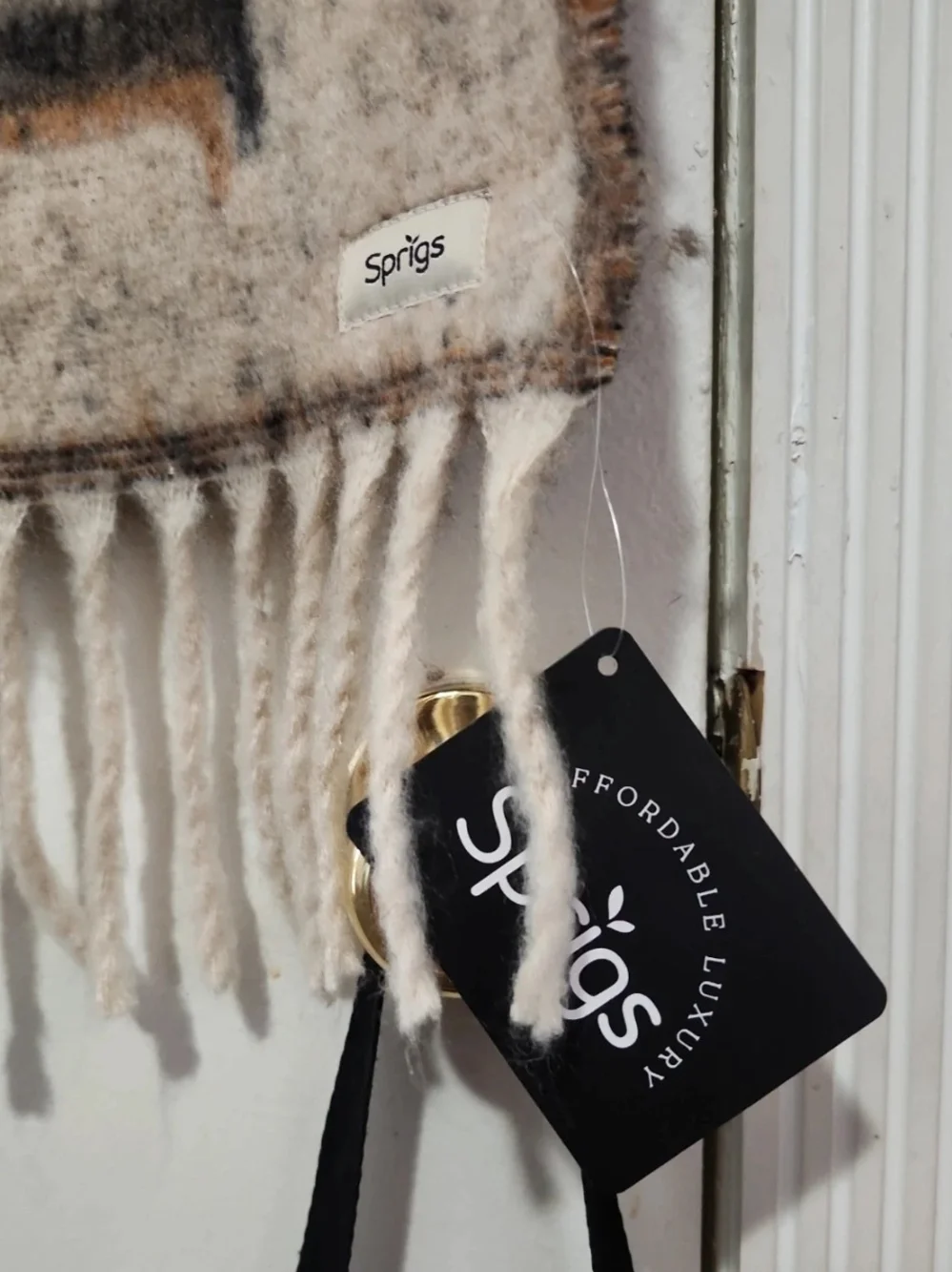 Dream Text Wool Blend Fringe Scarf - Beige/Black By Sprigs